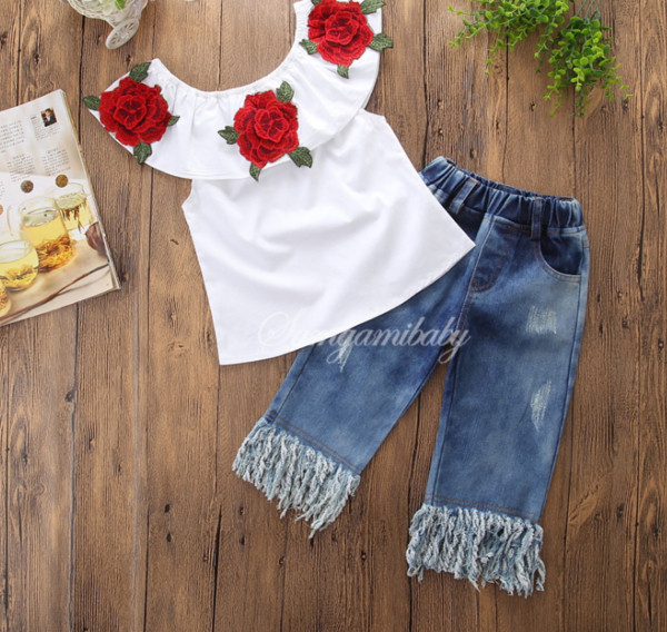 Set modern pentru copii pentru fete, inclusiv blugi și o bluză cu broderie