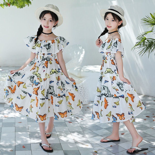 Цветна детска разкроена  рокля с паднали ръкави 