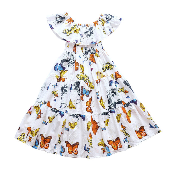 Цветна детска разкроена  рокля с паднали ръкави 