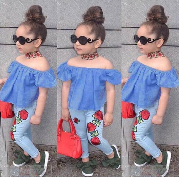 Set de vara pentru copii pentru fete inclusiv blugi cu broderie si bluza