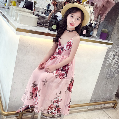 Rochie moderna pentru copii cu bretele subtiri si motive florale in doua culori