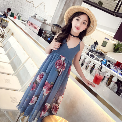 Rochie moderna pentru copii cu bretele subtiri si motive florale in doua culori