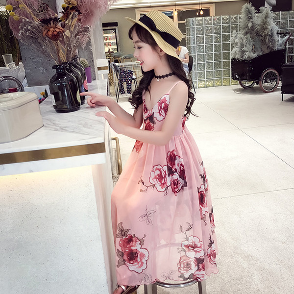 Rochie moderna pentru copii cu bretele subtiri si motive florale in doua culori