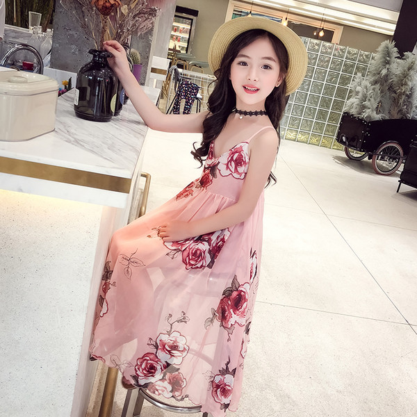 Rochie moderna pentru copii cu bretele subtiri si motive florale in doua culori