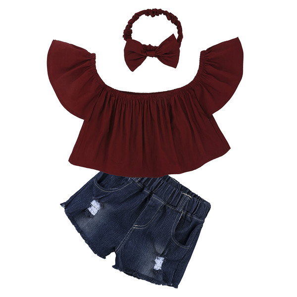 Παιδικό καλοκαιρινό σετ με μικρά παντελόνια τζιν, μπλούζα και λουρί για τα μαλλιά