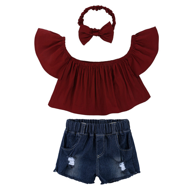Παιδικό καλοκαιρινό σετ με μικρά παντελόνια τζιν, μπλούζα και λουρί για τα μαλλιά