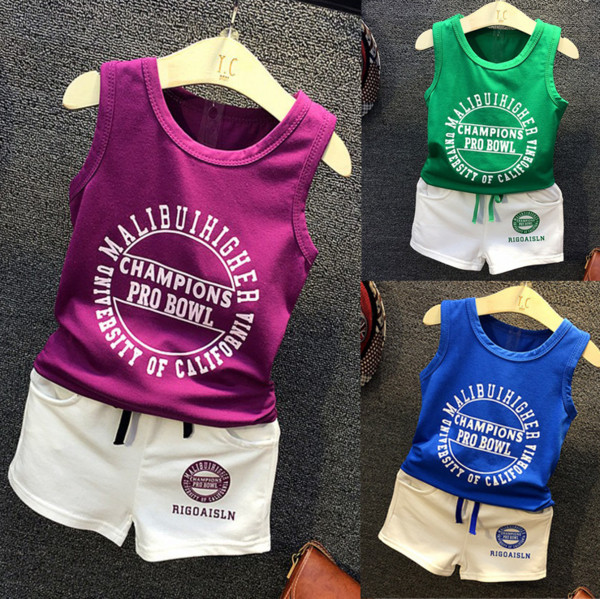 Set modern pentru baieti pentru copii in mai multe culori - maiou si pantaloni scurti cu inscriptie