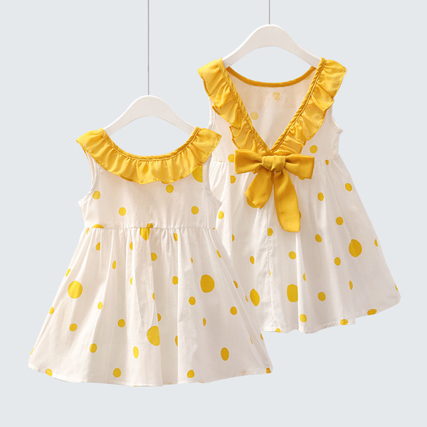 Rochie de vara pentru copii cu buline si panglica pe spate de culoare galbena