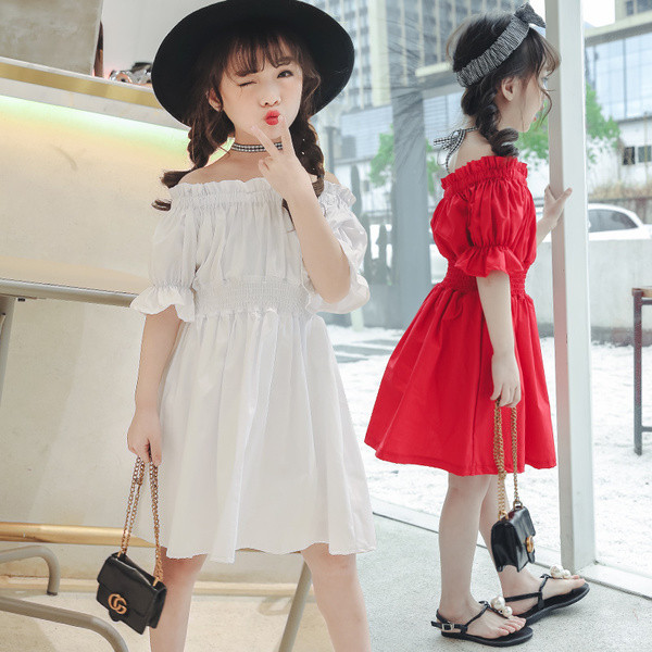 Rochie pentru copii cu maneci cazute si talie elastica in mai multe culori