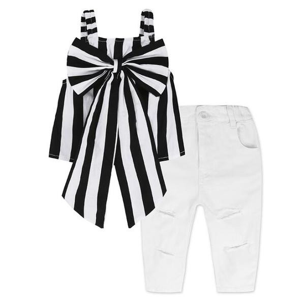 Set copii pentru fete din două părți - pantaloni albi și un maiou cu panglică