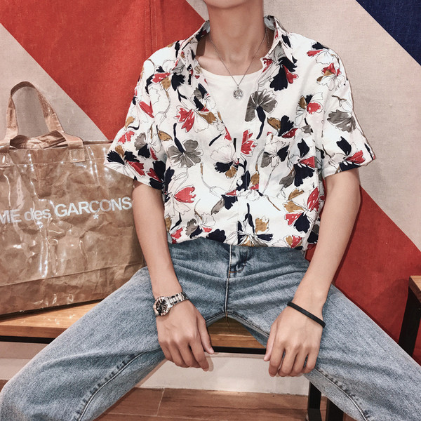 Cămașă de vară pentru bărbați cu mâneci scurte cu motive florale în două culori