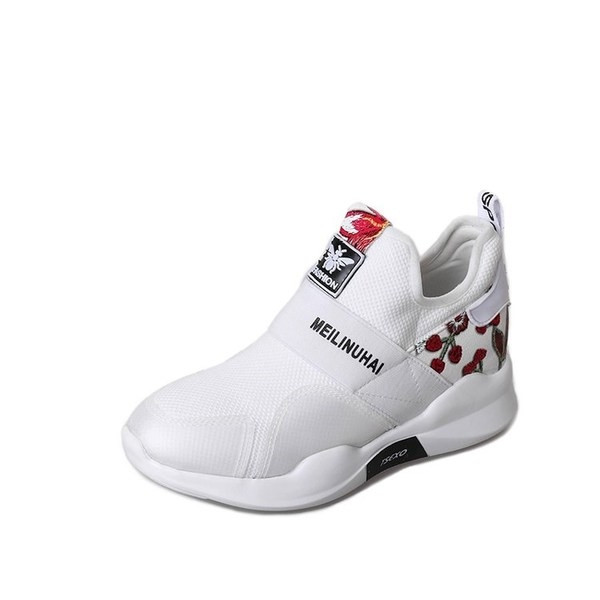 Adidași de damă fără cravate cu motive florale și inscripție în alb și negru