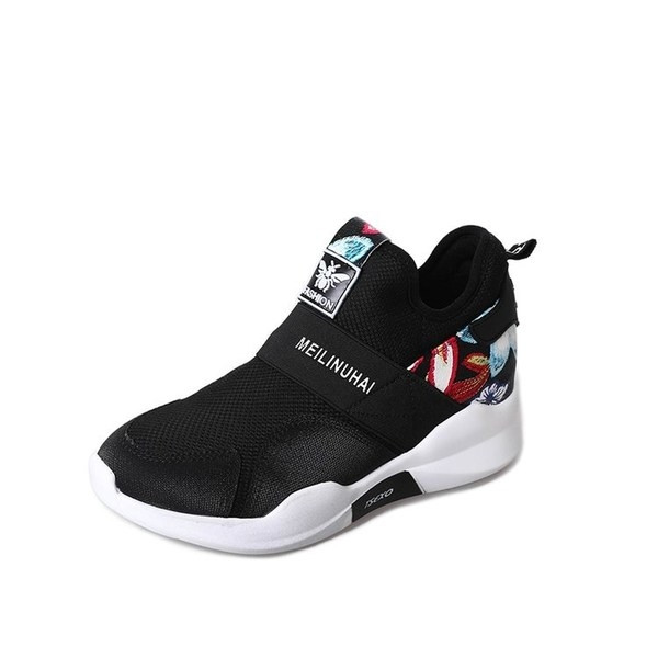 Adidași de damă fără cravate cu motive florale și inscripție în alb și negru