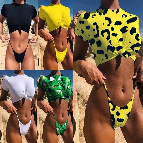 NOU costum de baie-bluză de damă din două piese cu mâneci scurte și bikini în șase culori