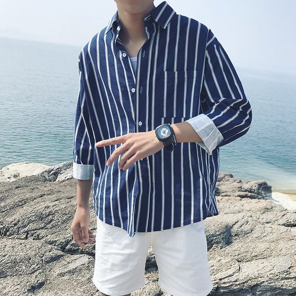 Camasa barbati stilata in dungi cu maneci lungi model gratuit in doua culori