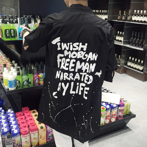 HIT Cămașă pentru bărbați cu inscripții pe spate cu mâneci 3/4 alb-negru