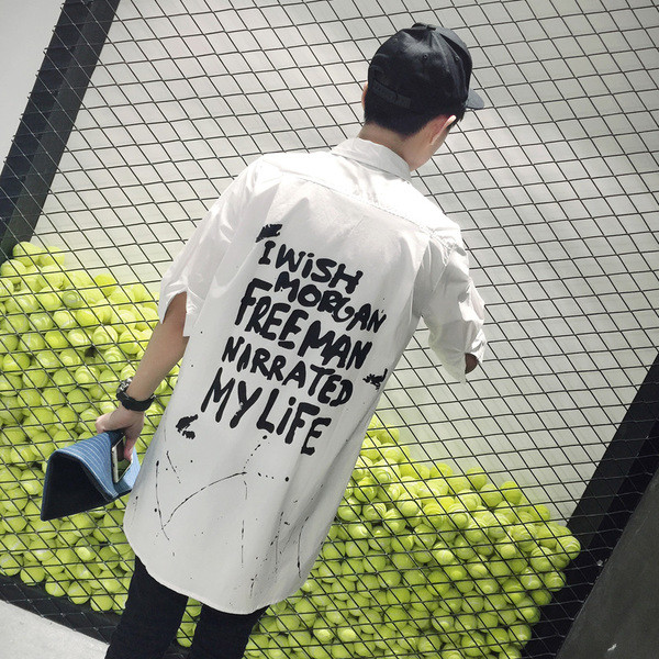 HIT Cămașă pentru bărbați cu inscripții pe spate cu mâneci 3/4 alb-negru