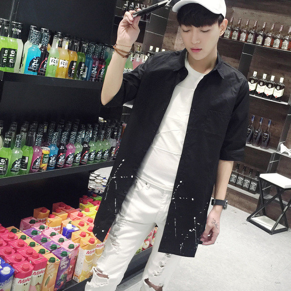 HIT Cămașă pentru bărbați cu inscripții pe spate cu mâneci 3/4 alb-negru