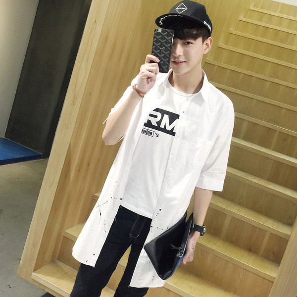 HIT Cămașă pentru bărbați cu inscripții pe spate cu mâneci 3/4 alb-negru