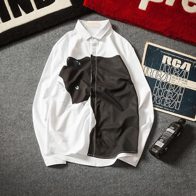 Cămașă bărbătească de primăvară-vară cu mâneci lungi și aplicație pisică în alb-negru