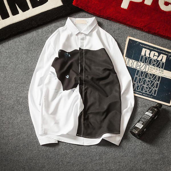 Cămașă bărbătească de primăvară-vară cu mâneci lungi și aplicație pisică în alb-negru