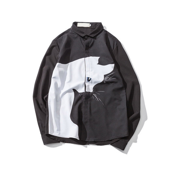 Cămașă bărbătească de primăvară-vară cu mâneci lungi și aplicație pisică în alb-negru