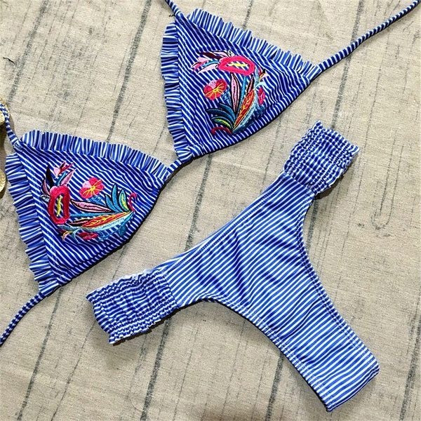 Costum de baie modern de damă în dungi, cu broderie din două piese