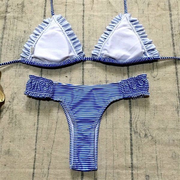 Costum de baie modern de damă în dungi, cu broderie din două piese