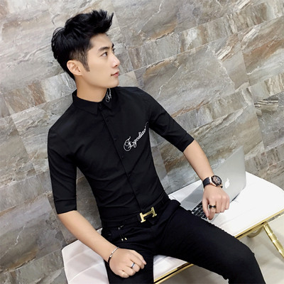 Cămașă elegantă pentru bărbați cu inscripție broderie Model Slim în alb-negru