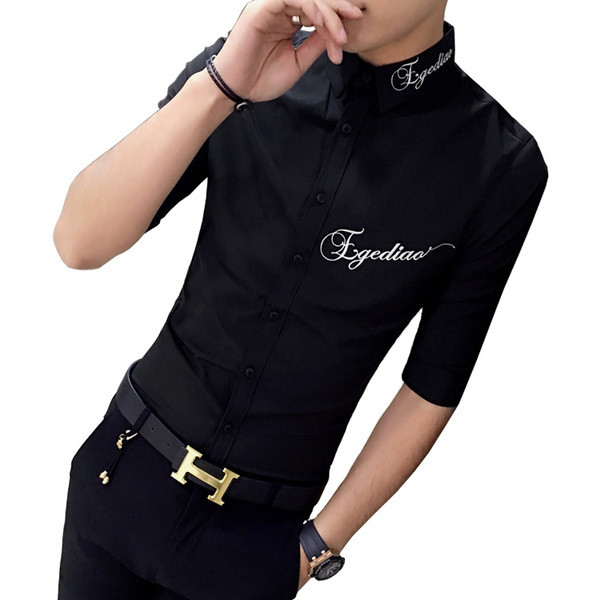 Cămașă elegantă pentru bărbați cu inscripție broderie Model Slim în alb-negru