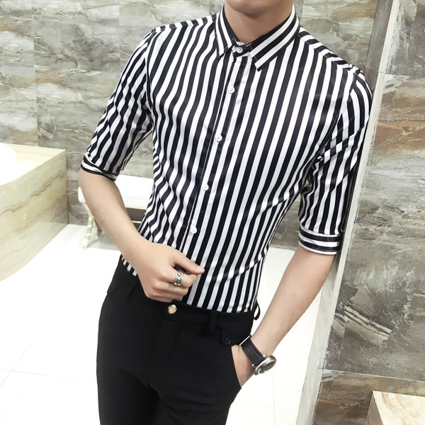 HIT Cămașă bărbătească în dungi model Slim cu mâneci 3/4 în două culori
