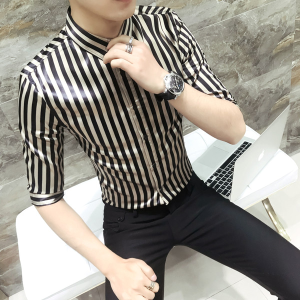 HIT Cămașă bărbătească în dungi model Slim cu mâneci 3/4 în două culori