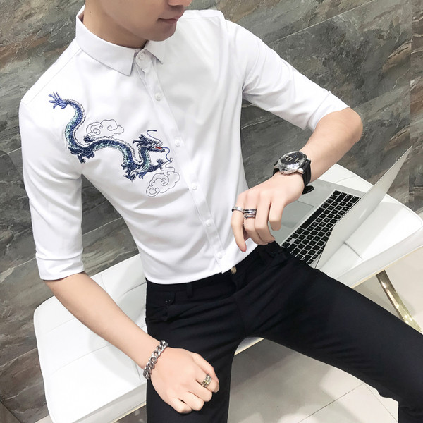 Cămașă bărbătească stilată cu broderie colorată Model slim cu mâneci 3/4