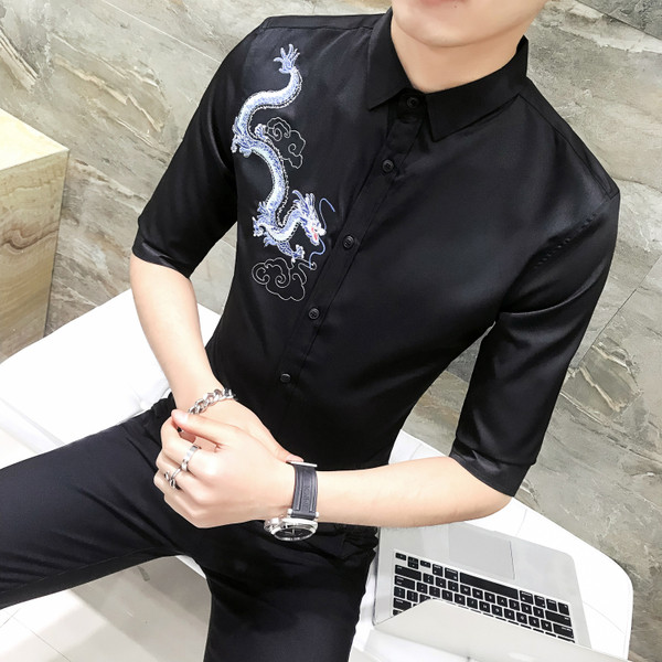 Cămașă bărbătească stilată cu broderie colorată Model slim cu mâneci 3/4