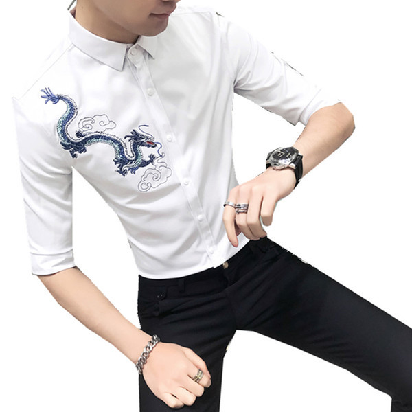 Cămașă bărbătească stilată cu broderie colorată Model slim cu mâneci 3/4