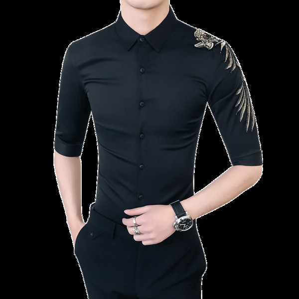 Cămașă elegantă pentru bărbați cu broderie pe mânecă în alb-negru