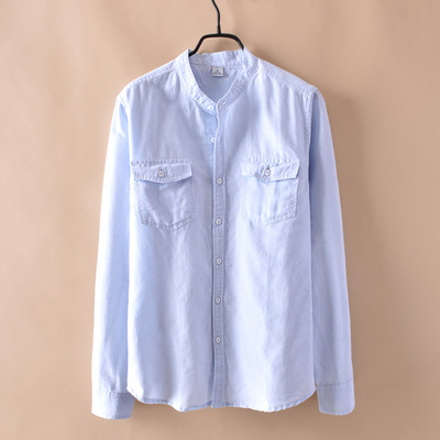 Cămașă bărbătească din bumbac cu buzunare, mâneci lungi și guler în formă de O în patru culori