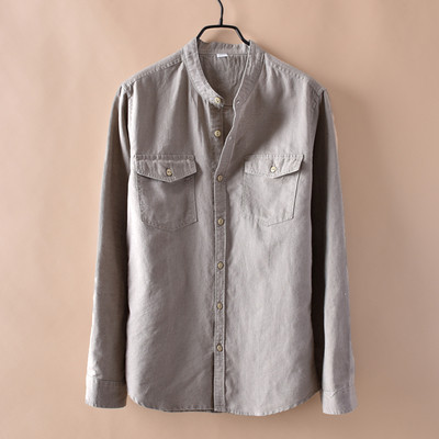 Cămașă bărbătească din bumbac cu buzunare, mâneci lungi și guler în formă de O în patru culori