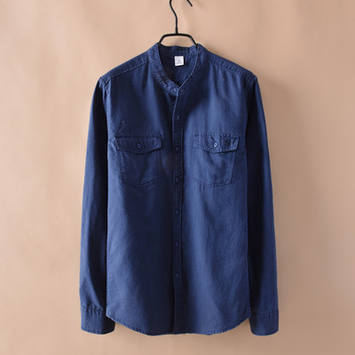 Cămașă bărbătească din bumbac cu buzunare, mâneci lungi și guler în formă de O în patru culori