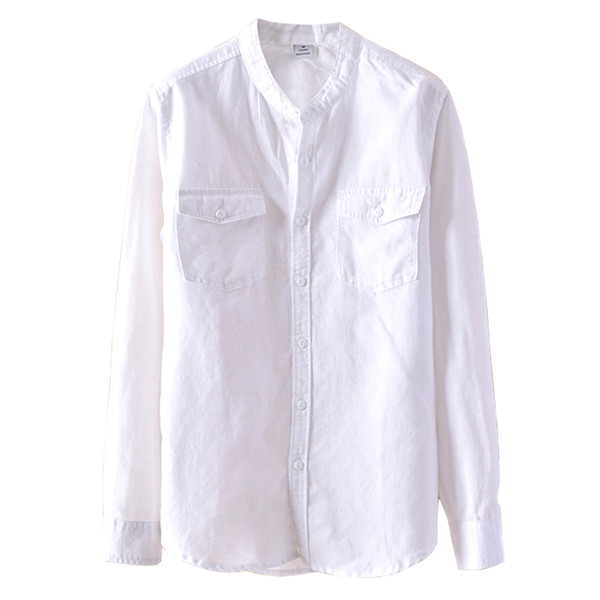 Cămașă bărbătească din bumbac cu buzunare, mâneci lungi și guler în formă de O în patru culori