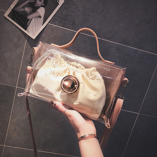 Geanta dama cu motive transparente si inscriptii in mai multe culori