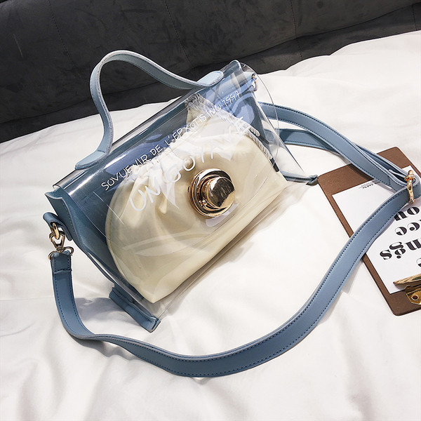 Geanta dama cu motive transparente si inscriptii in mai multe culori