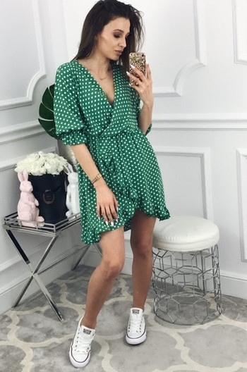 Rochie casual de dama cu buline, cu maneci scurte si lungime A-simetrica, 4 culori