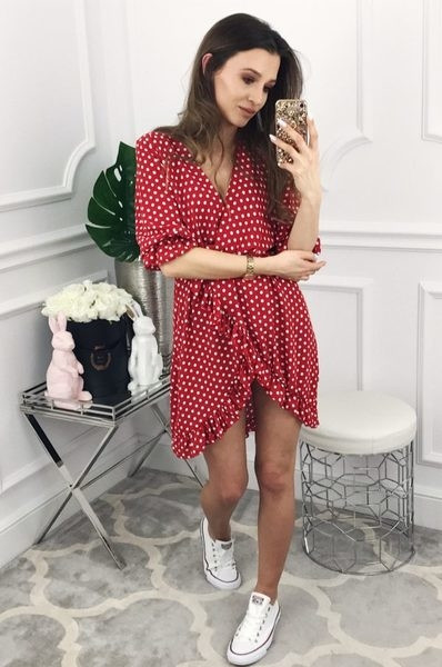 Rochie casual de dama cu buline, cu maneci scurte si lungime A-simetrica, 4 culori