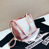 Geanta casual de dama cu paiete in alb, roz si negru