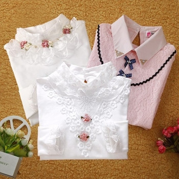 Детска стилна риза за момичета с бродерия, панделка, цветя и декоративни камъни