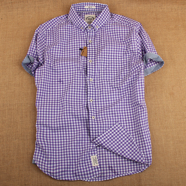 Lila és fehér kockás rövid ujjú férfi ing