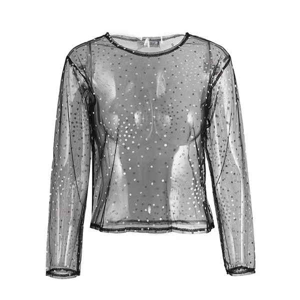 Γυναικεία μπλούζ με μακρύ μανίκι, ελαστική επίδραση και κολάρο σε σχήμα O