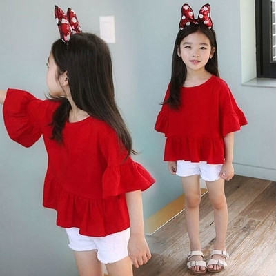 Детка модерна тениска с 3/4 ръкав широк модел в червен цвят