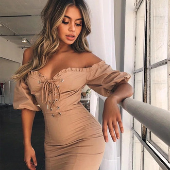 Κομψό γυναικέιο φόρεμα με V-neckline και κορδόνια